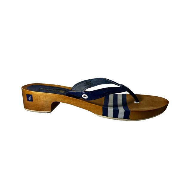 SPERRY Top-Sider Navy Blue & White Wooden Platform Sandals Size 7 7M - Picture 1 of 9